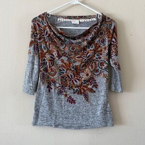 Anthropologie Postmark Draped Cowl Neck Grey Multicolor Floral Blouse size XS